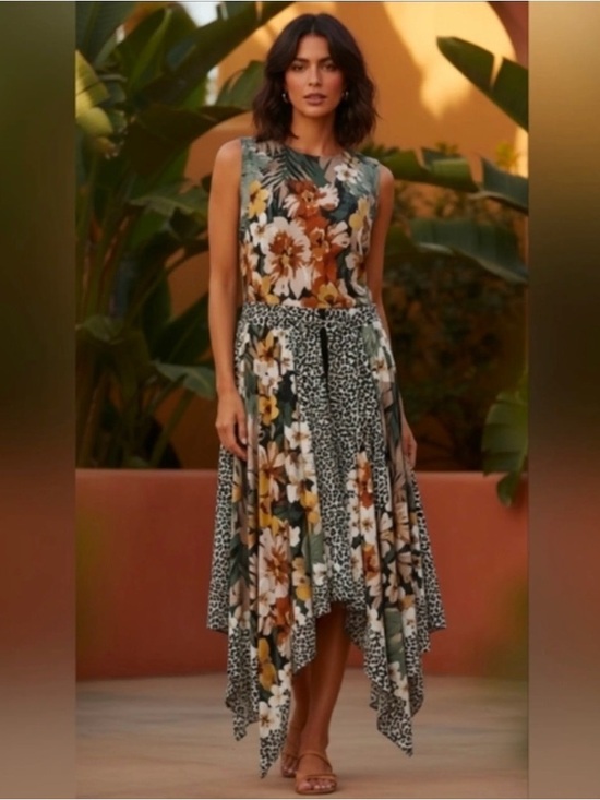 Roz & Ali Dresses & Skirts - Roz & Ali Floral & Animal-Print Handkerchief Hem Dress in Green Size 8